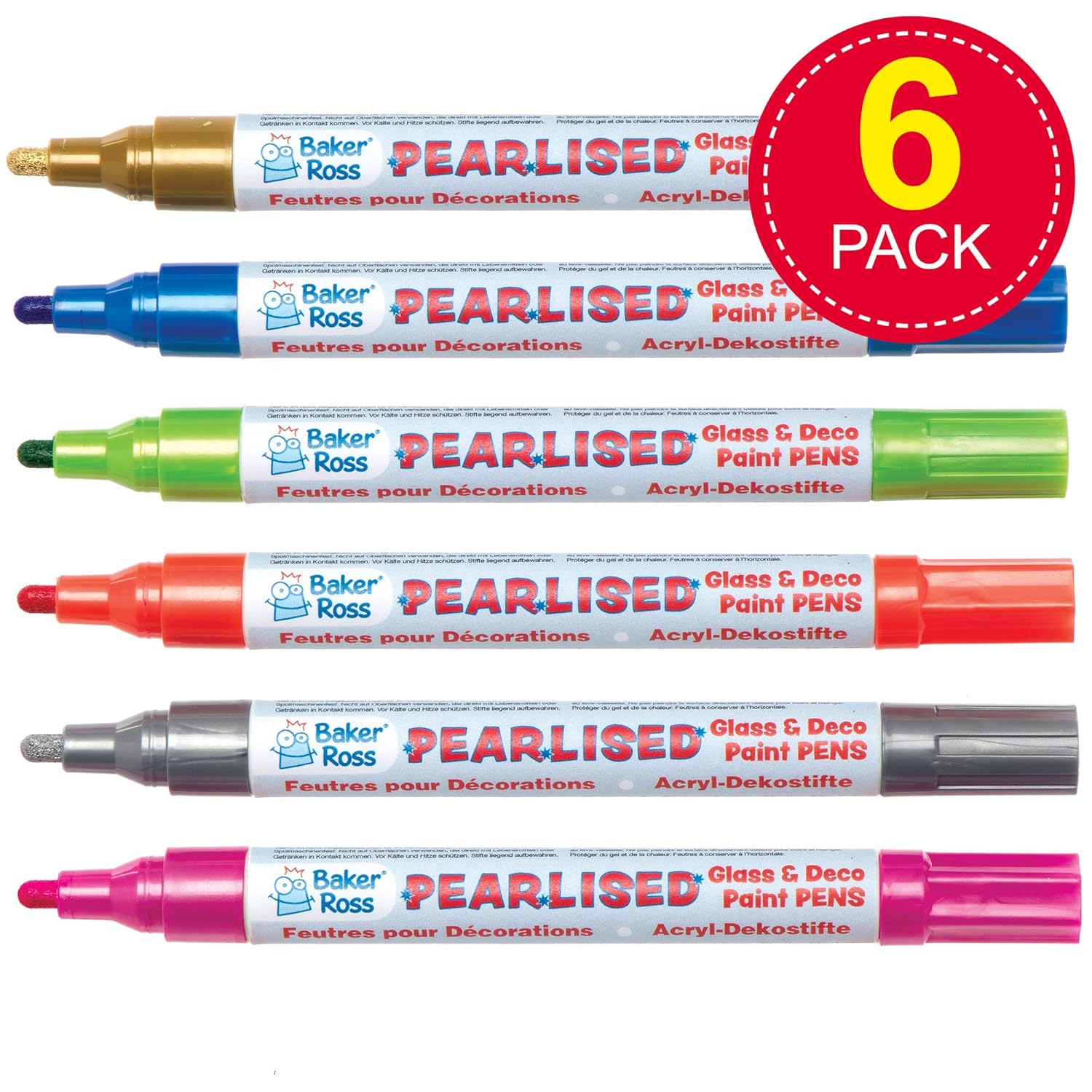 Baker Ross AT485 Glass Paint Markers, Pack of 6, Pearl Finish Marker Set, Art And Craft Supplies, Pearl, Blue, Gold, Pink - Image 3
