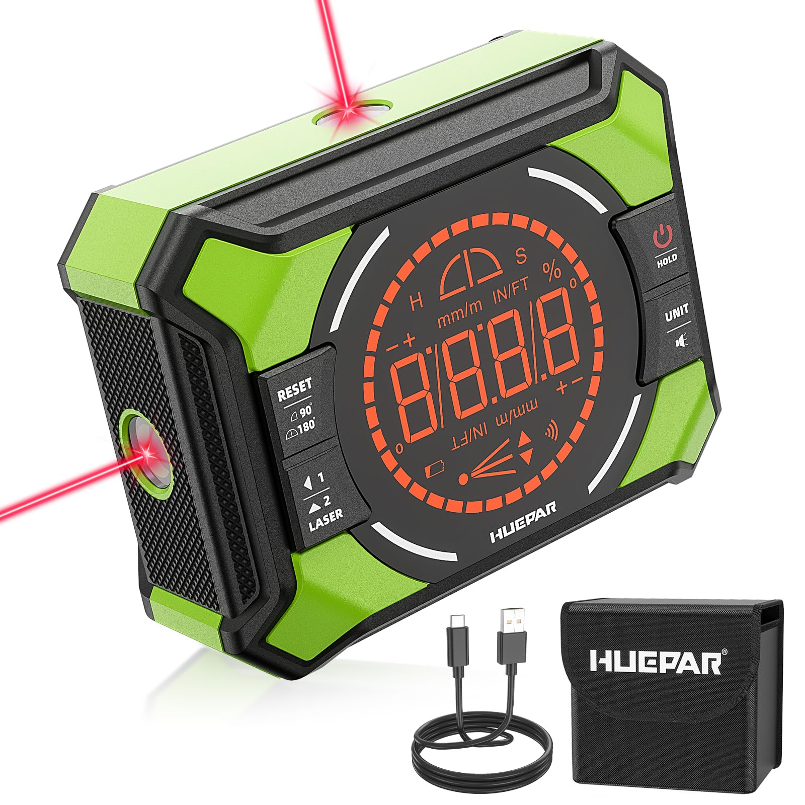 Digital Angle Finder with Laser, Huepar 3-in-1 Angle Finder, Rechargeable Digital Level Box with Magnetic, Measures 0-90° & 0-180° Range, Digital Electronic Level Accessory for Woodworking Tools