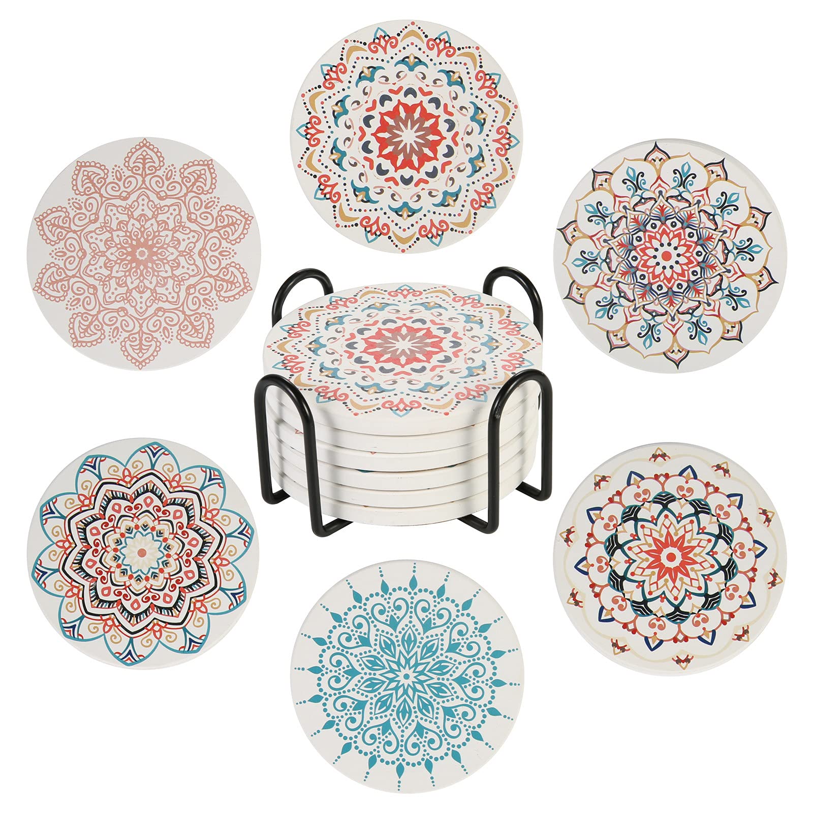 STARUBY Drink Coasters Set of 6 Ceramic Coaster Beautiful Absorbent Coaster Drink Mat with Cork Base Flower Patterns Round Coaster Non Slip for Coffee,Beer,Mug,Wine Glass Bottle,Home and Bar