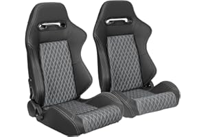 CIWUCSEAT 2 Pieces Universal Racing Seats with Dual Lock Sliders, Black PVC Leather Universal Grey Diamond Shiny Mesh Fabric,22.45"*20.87"*38.58", Not Including Seat Bracket