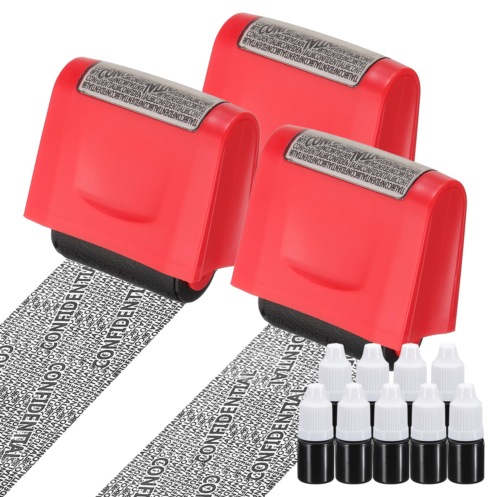 PATIKIL Identity Theft Protection Roller Stamp, 3Pcs 1.7" Confidential Roller Stamp Privacy ID Police Stamp Roller for Security ID Address with 9Pcs Refills, Red