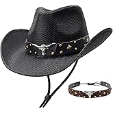 SANSTHS Cowboy Cowgirl Hats for Men Women 2 Pack Hatbands Straw Hat Wide Brim Breathable Western Hats for Lover