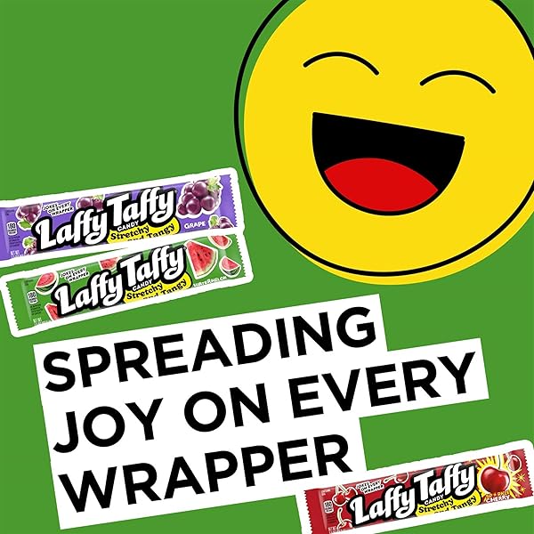 LAFFY TAFFY STRETCHY & TANGY VARIETY CANDY BOX, GRAPE, WATERMELON, AND CHERRY FLAVORS, 1.5 OUNCE BARS (PACK OF 24)