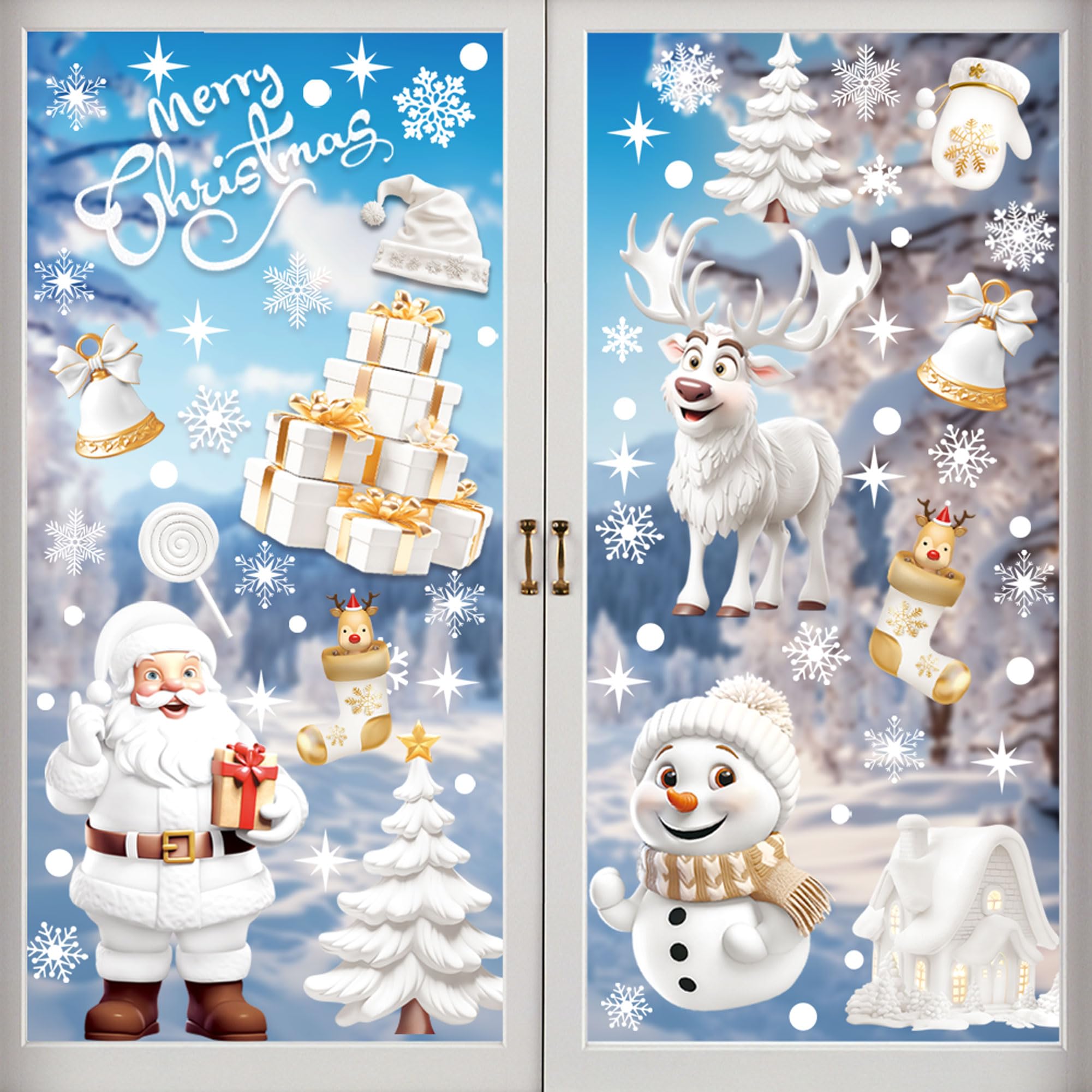 190Pcs Christmas Window Stickers - 9 Sheets Double Side Window Cling Xmas Scene Stickers - White Christmas Decorations for Windows