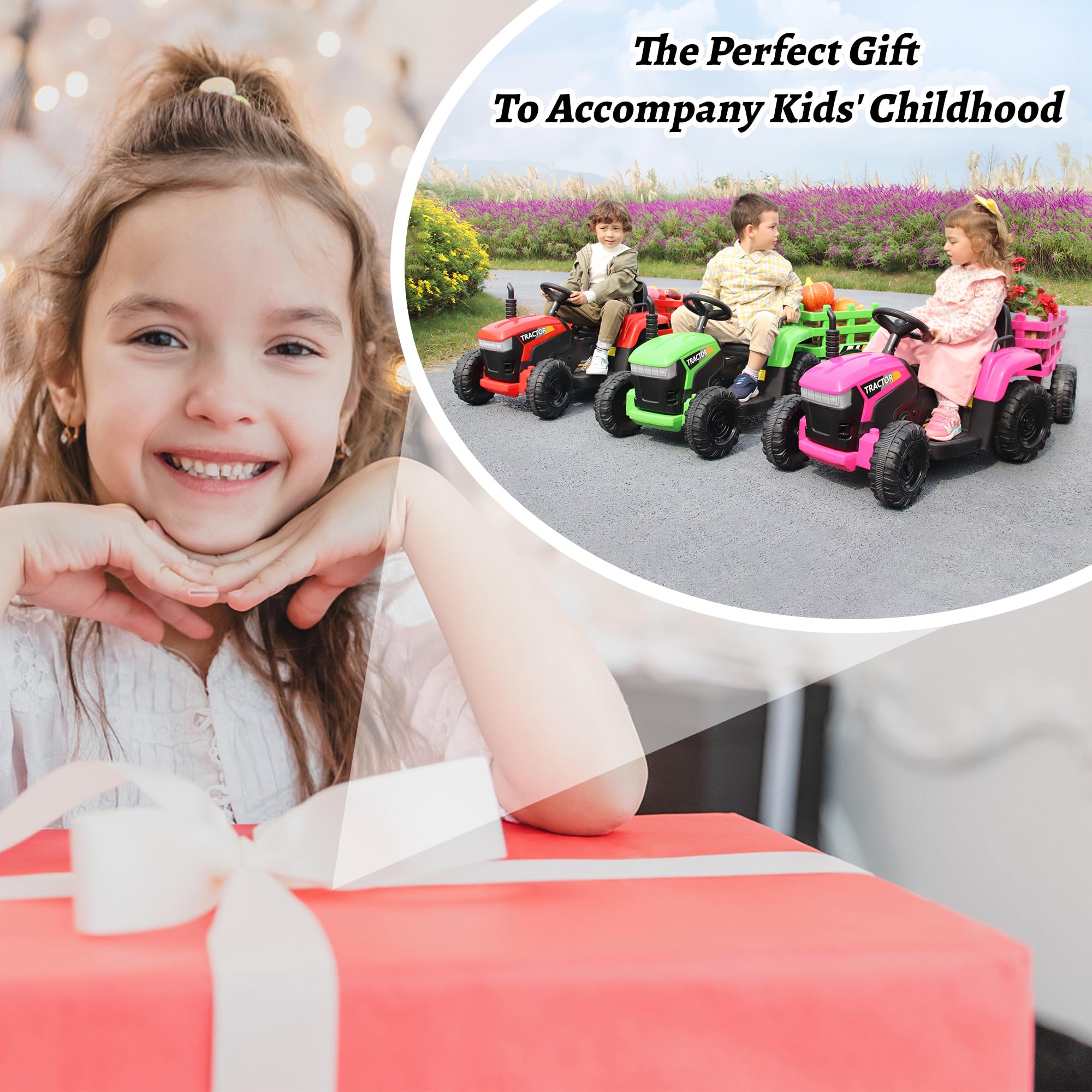 TOBBI Kids Electric Ride On Toy Tractor, 12v Battery-Powered 4 Wheels Ride On Car with Trailer, 35W Dual Motors/3-Gear-Shift/LED Lights/USB Audio Functions for Toddlers 3-6 Years-Dark Green