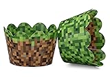 Miner Themed Pixel Grass Cupcake Wrappers for Boys