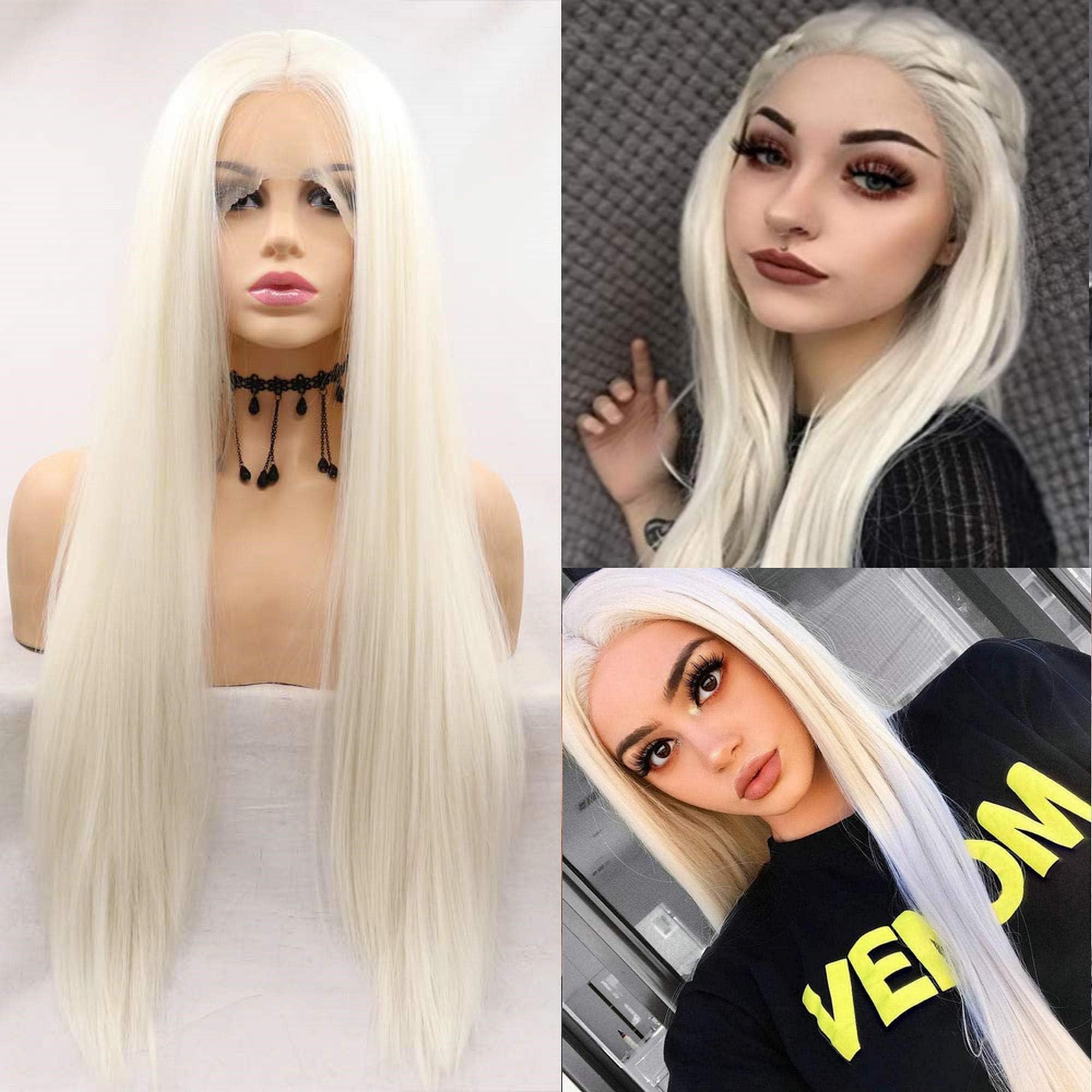 Platinum Blonde Lace Front Wig for Women Natural Realistic Long Silky Straight Glueless Pre-Plucked Syntehtic Heat Friendly Fiber Hair Replacement Wigs Festival Cosplay Daily Drag Queen Wig(60#)