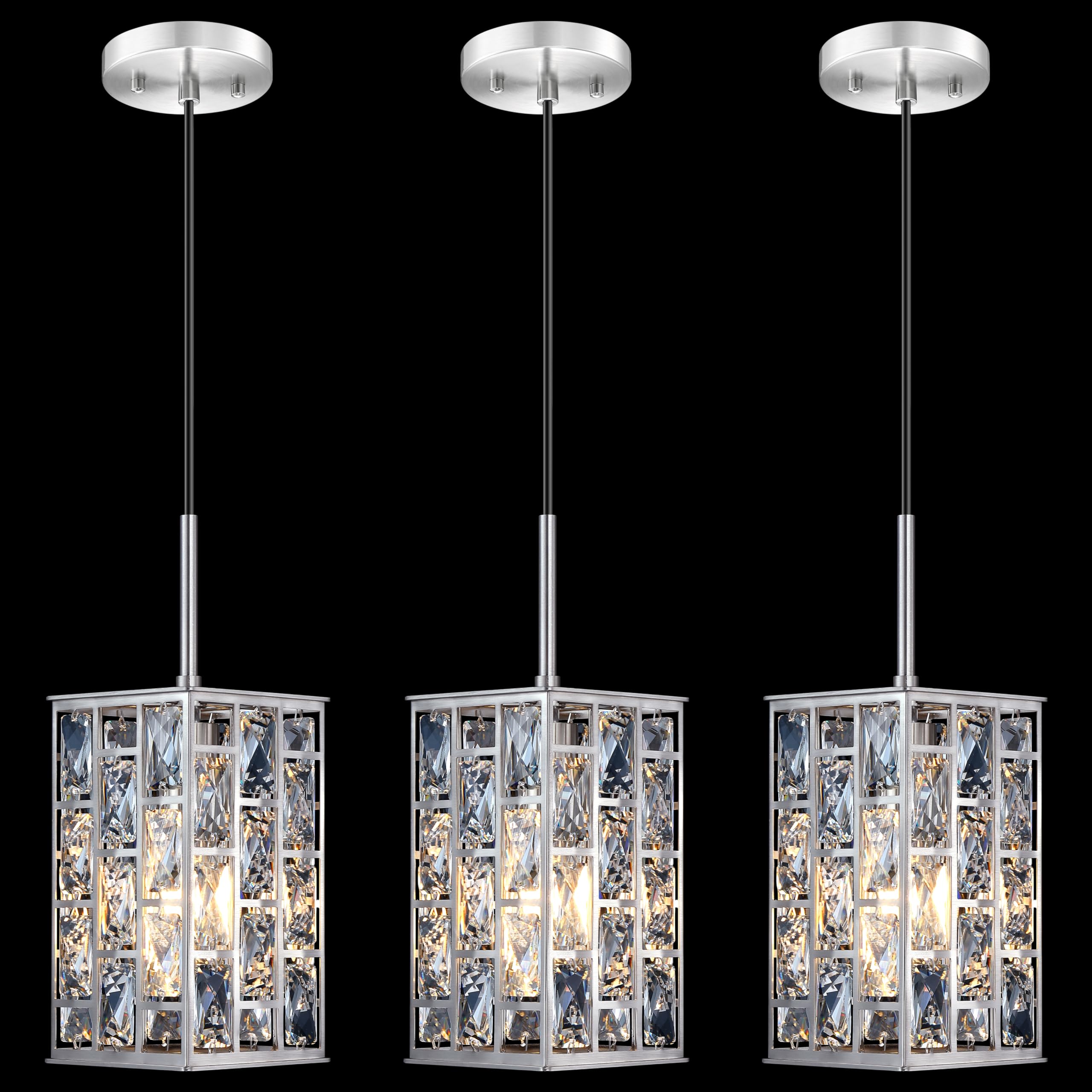 Photo 1 of 3 Pack Hanging Polyhedron Crystal Kitchen Island Square Pendant Ceiling Light Fixture,Modern Pendant Lighting Brushed Nickel Finish for Over Sink Dining Room Bedroom Hallway,UL Listed