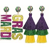 2 Pairs Mardi Gras Halloween Thanksgiving Earrings for Women Beaded Glitter Mask MARDI GRAS Fleur de Lis Earrings Tassel Dangle Fat Tuesday Carnival Parade Jewelry Gifts