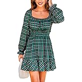 CUPSHE Womens Fall Dresses Long Sleeves Scoop Neck Casual Outfits Plaid Smocked A Line Work Ruffled Flowy Mini Party Dress