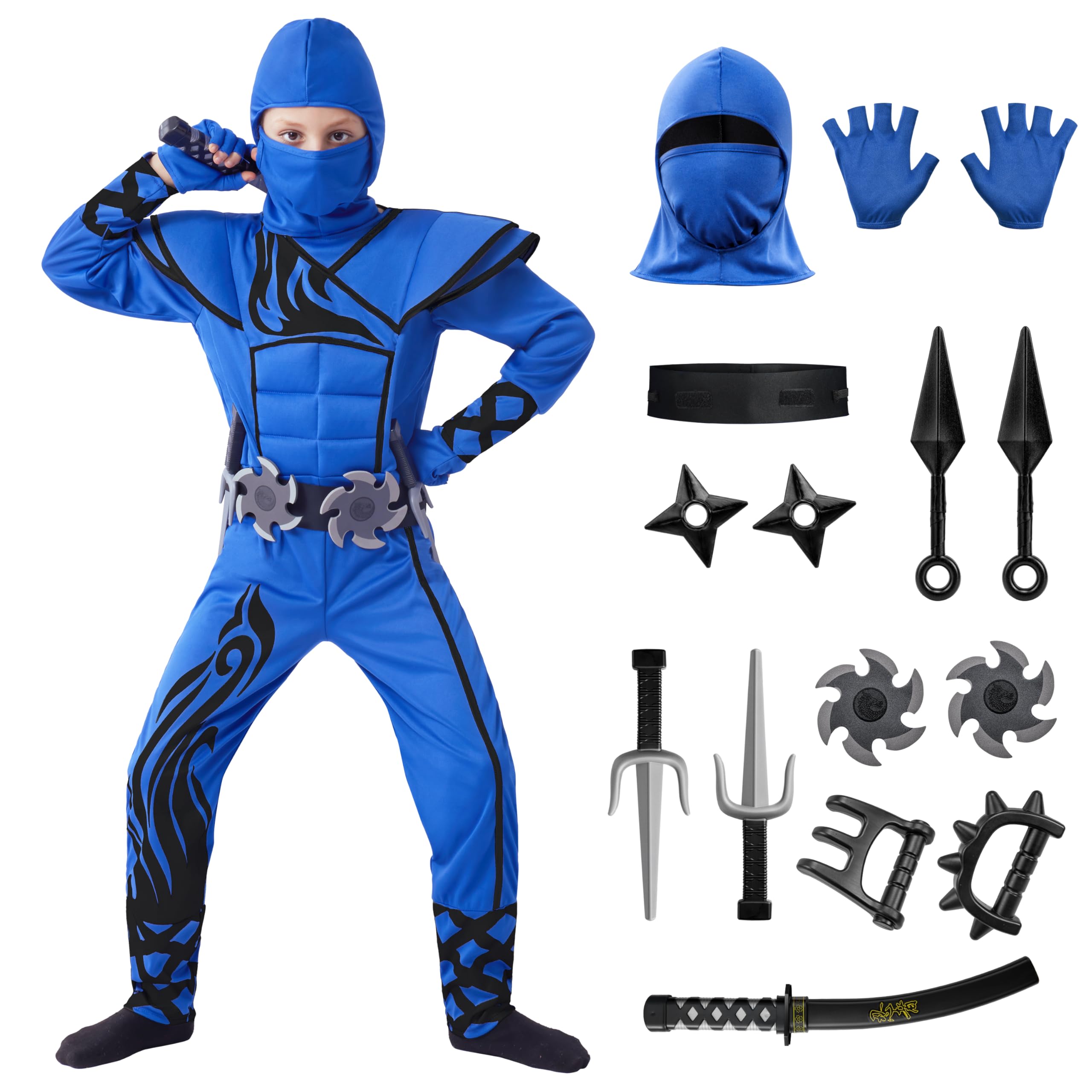 Spooktacular Creations Striking Blue Ninja Costume for Child Stealth Costume Halloween Kids Kung Fu Outfit (Medium (7-9 yrs))