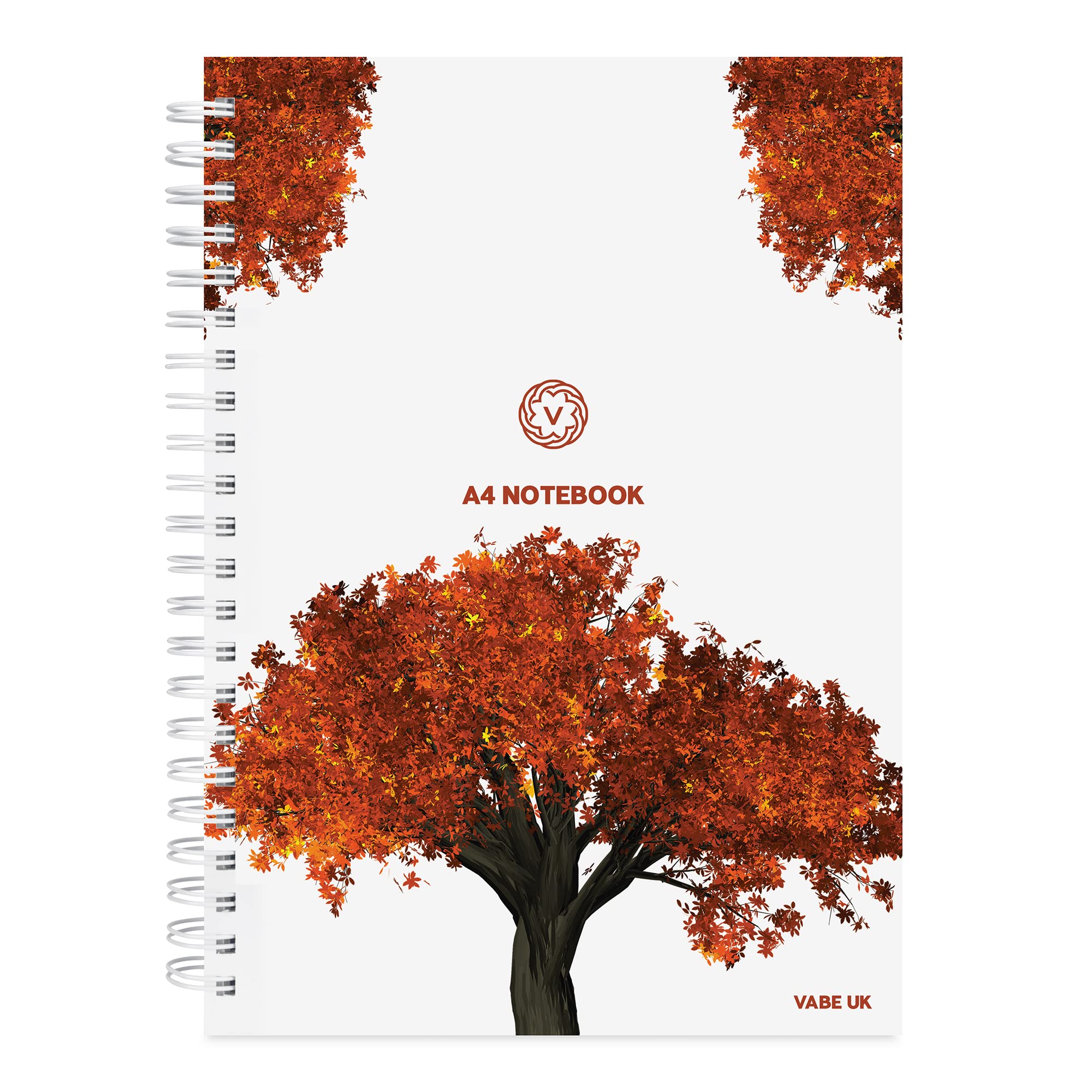 VABE UK A4 Notebook Lined - 200 Pages Wirebound Notebook (100 Sheets) - 100gsm Spiral Ruled Book - Classic A4 Lined Notepad with Thick Laminated Cover (Pack of 1, Autumn Tree Design)