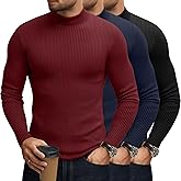 August Alley 3 Pack Men's Mock Turtleneck Sweaters Cotton Long Sleeve Ribbed Pullover Sweater Knit Slim Fit Mock Neck Tshirts