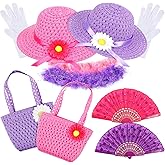 10 Pcs Girls Tea Party Set Includes Tea Party Hats Bonnets Fan Gloves Small Pink Purse Feather Boas Dress up Sets for Little Girls Kids Children Birthdays Easter Party Supplies Accessories