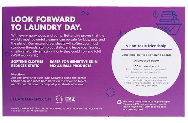 BETTER LIFE DRYER SHEETS, LAVENDER GRAPEFRUIT, 80 COUNT, 2422