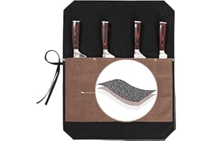 16OZ Waxed Canvas Chef Knife Bag - Portable Knife Roll with 4 Slots, Two-Tone Design in Black & Grey + Anti-Cut Fabric, for C