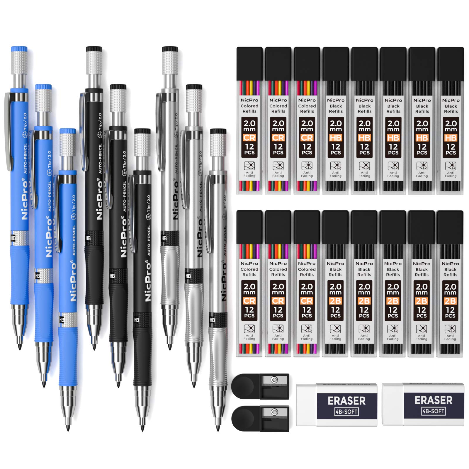 Nicpro 29PCS Colors 2mm Mechanical Pencil Set, 9PCS Artist Propelling Drafting Clutch Pencil 2.0 mm for Art Drawing Sketching with 16 Tube HB 2B Color Refill, Eraser, Sharpener, Propelling Lead Holder