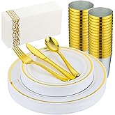 ISFANGCO 175 PCS Gold Dinnerware Set for 25 Guests, Gold Rimmed White Heavy Duty Plastic Disposable Plates for Party Wedding with 25 Dinner Plates,Dessert Plates, Silverware Set, Cups, Napkins