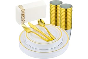 ISFANGCO 175 PCS Gold Dinnerware Set for 25 Guests, Gold Rimmed White Heavy Duty Plastic Disposable Plates for Party Wedding with 25 Dinner Plates,Dessert Plates, Silverware Set, Cups, Napkins