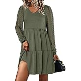 ANRABESS Dresses for Women Casual Lace Long Sleeve V Neck Tiered Swing Flowy Loose A-line Mini Short 2025 Fall Vacation Dress