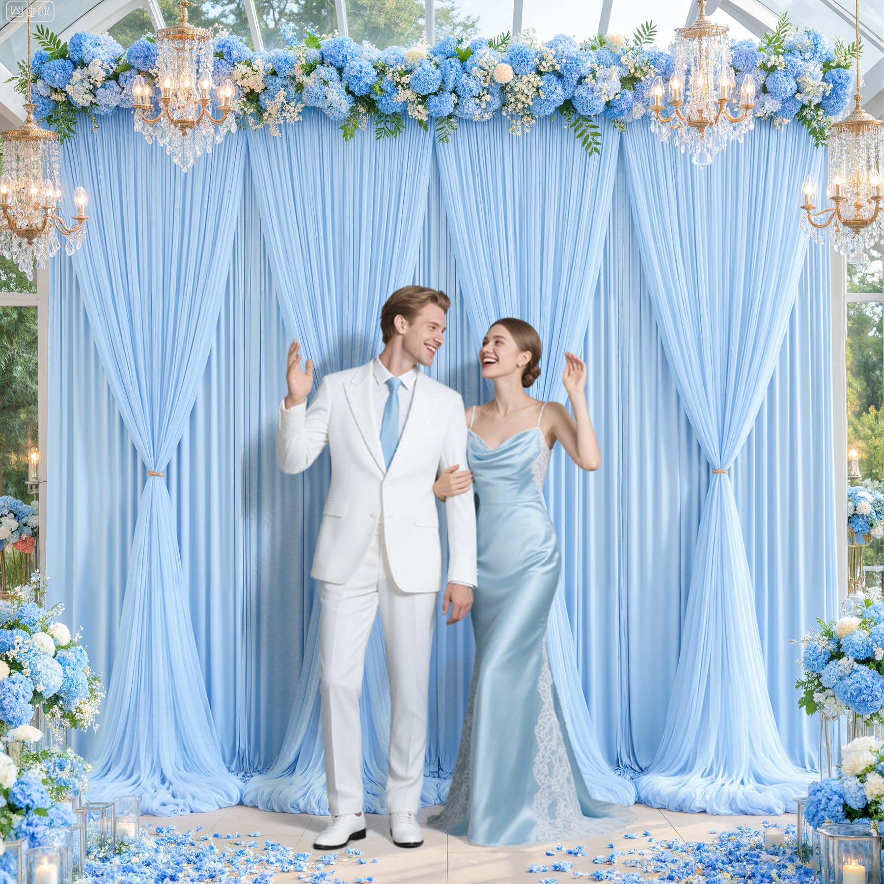 Photo 1 of 10x10ft Baby Blue Tulle Backdrop Curtains - Two Layer Drapes with Tulle & Lining Fabric for Wedding, Birthday Party, Baby Shower, Family Gatherings & Photography Decor - 2 Panels (5ft x 10ft Each)