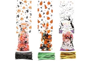 LOMIMOS 150PCS Halloween Cellophane Candy Bags, Clear Plastic Treat bags with 300PCS Twist Ties for Snacks cookies Gift Supplies