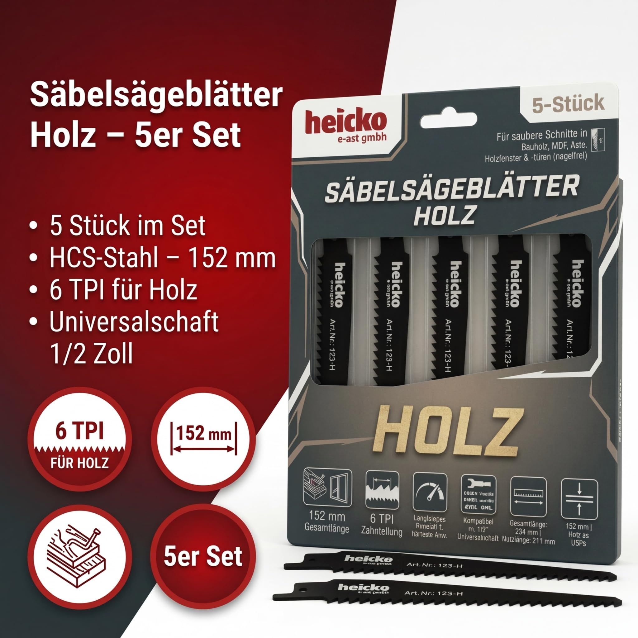 heicko Säbelsägeblätter - Geeigent für Metall, Kunststoff und Holz (Holz, 152 mm) 9