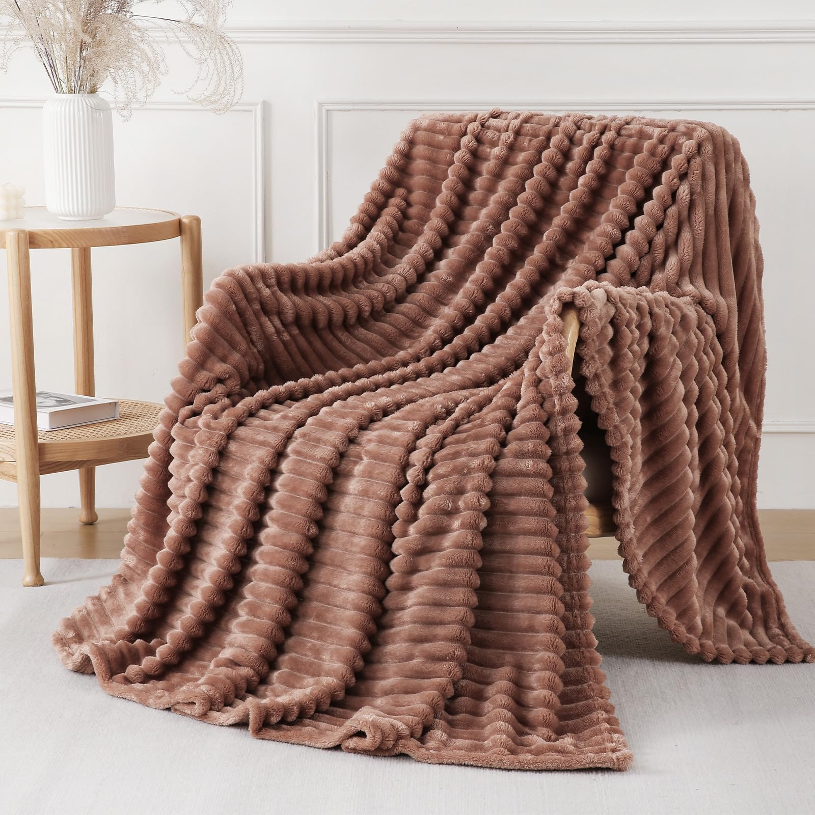 YIICKO Chocolate Throw Blanket for Couch Sofa 60x80 inches Striped Fleece Blankets Room Home Decor Lightweight Plush Soft Cozy Gifts for Women Mom Girls