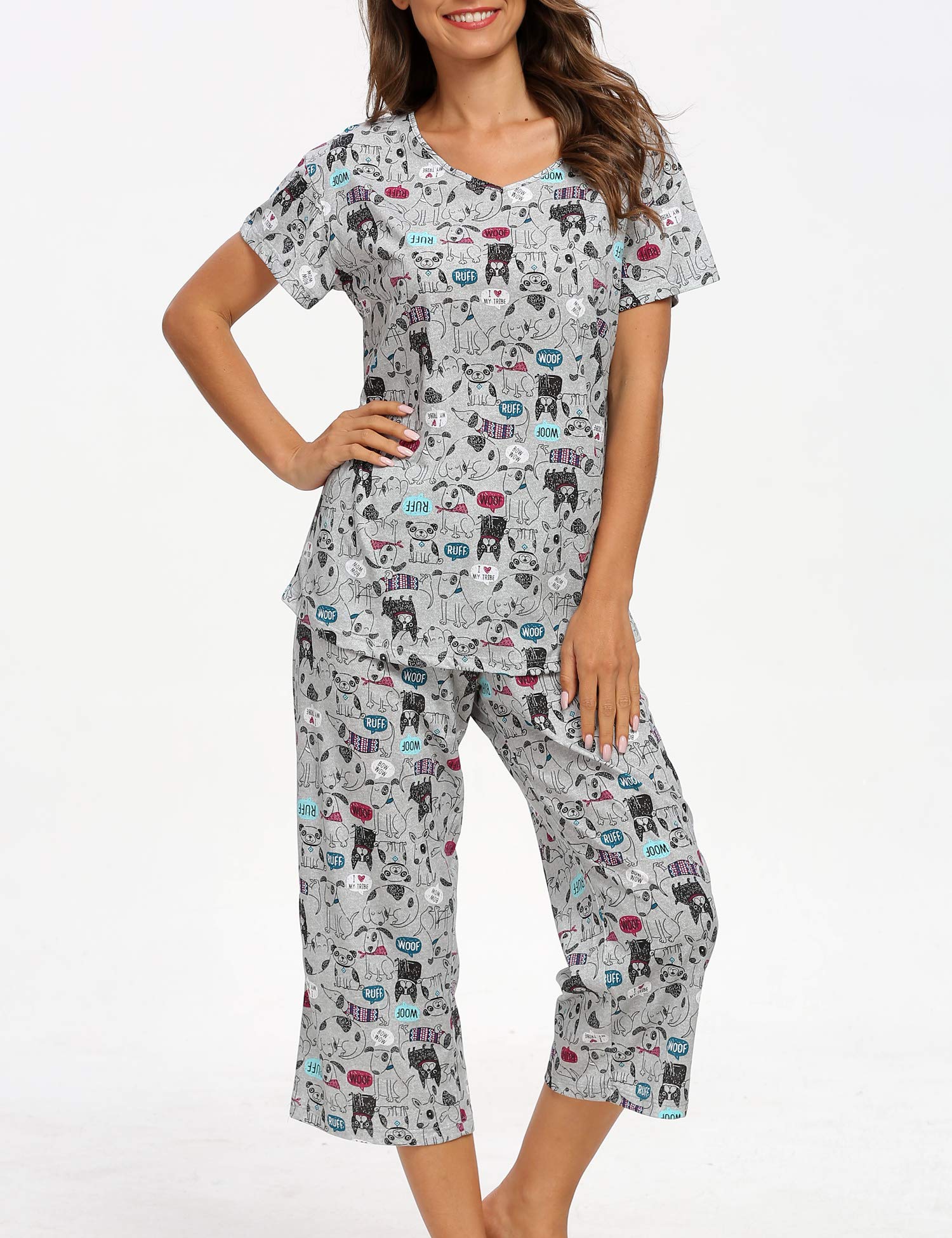 ENJOYNIGHT Women\'s Cute Sleepwear Tops with Capri Pants Pajama Sets (Dog, Medium)