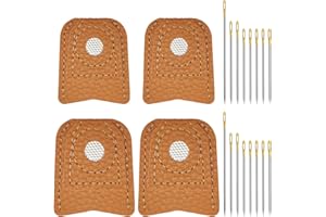 XYQMLY 4 Pack 2 Sizes Leather Thimble Hand Sewing Thimble + 16 Pcs Multi Sizes Sewing Needles, Finger Protector Thimble Leather Coin Thimble Pads for Hand Sewing Quilting Knitting Craft DIY Tool