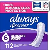 Always Discreet Adult Incontinence Pads for Women, Drier, 6 Drop Long Length, Extra Heavy Absorbency, Pads for Bladder Control Management, Bladder Leaks, &amp; Postpartum Pads, 112ct