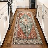 Lahome Boho Tribal 2x4.3 Washable Rug Runners for Hallways Non Slip, Kitchen Bathroom Entryway Carpet Runner, Bohemian Faux Wool Low-Pile Throw Doormat for Laundry Entrance (Rust/Dull Teal,2x4.3ft)