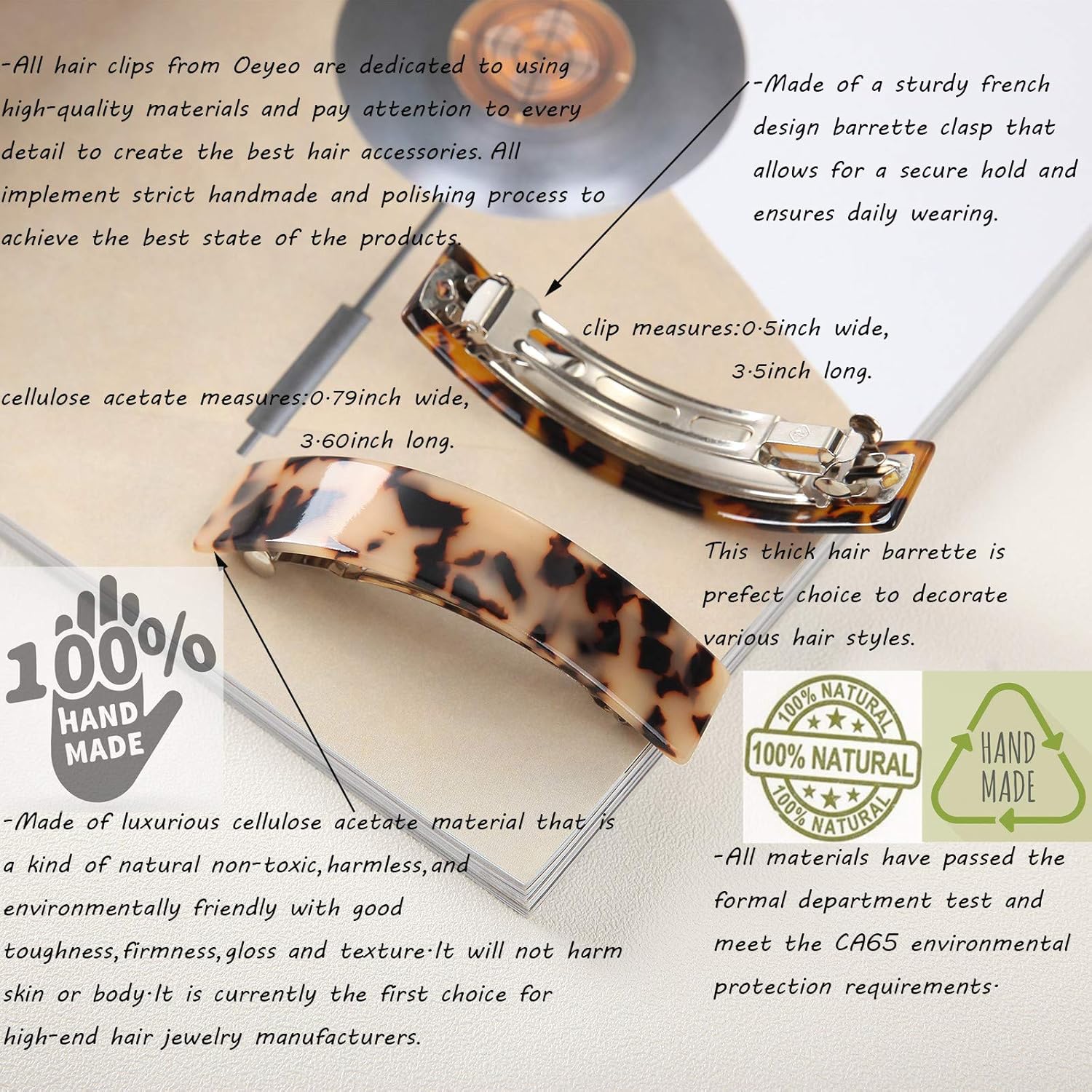 French Style Curved Rectangle Volume Barrette Tortoise Shell Hair Clips Barrettes Automatic Clasp For Thick Hair, 2 Pack : Beauty