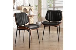 choairy Dining Chairs Set of 2, Mid Century Modern Dining Room Chair, Upholstered Faux Leather Kitchen Chairs with Walnut Bentwood Back and Metal Legs for Kitchen Dining Room Living Room, Black
