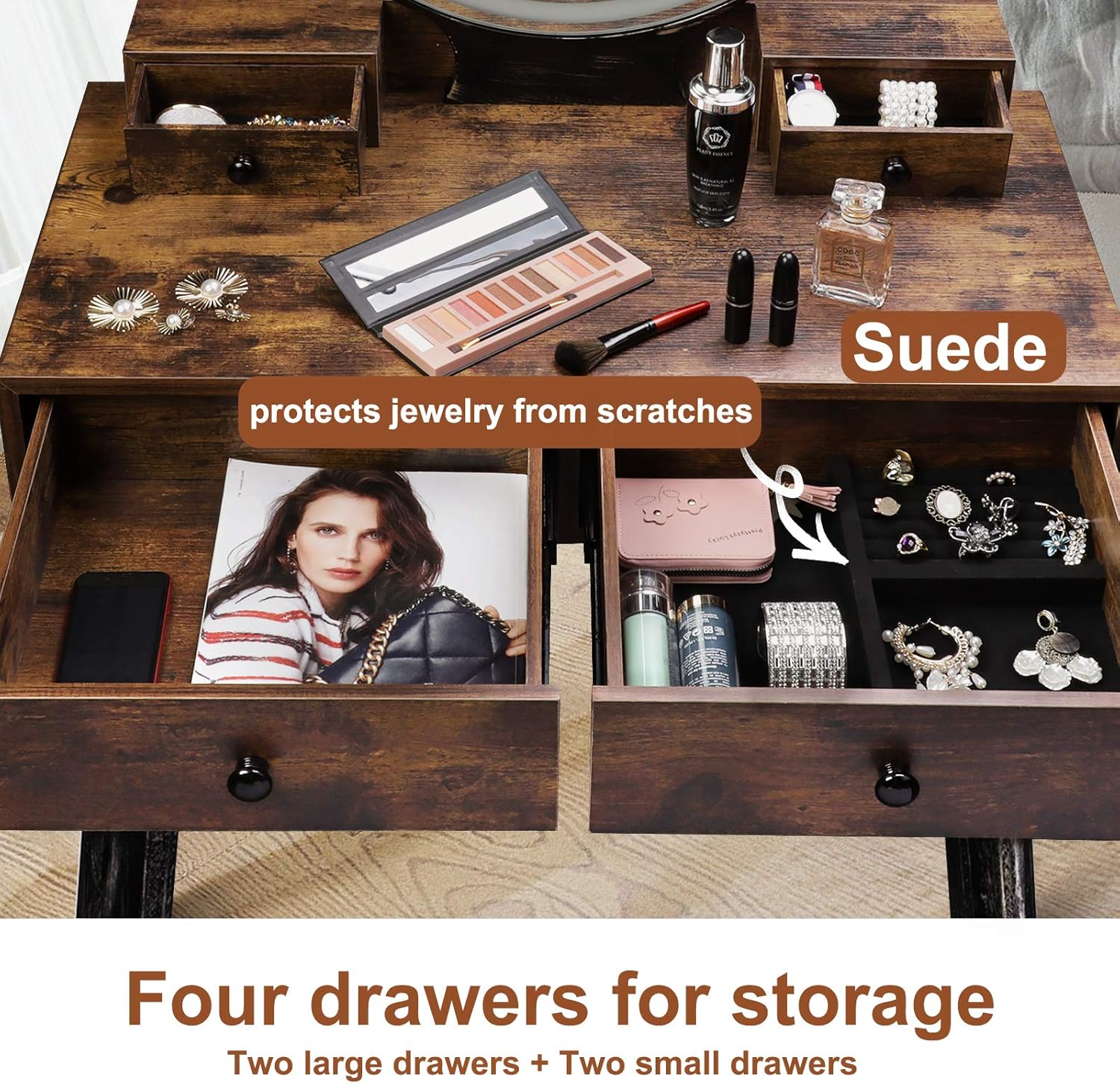 TWING Vanity Table Set,Vanity Set Makeup Dressing Table Dimming Mirror Vanity Desk with 4 Drawers,Brown: Kitchen & Dining