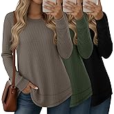 Velvelhall 3 Pack Women's Waffle Knit Sweatshirts Crew Neck Long Sleeve Tops Casual Loose Fit Pullover Tees Curved Hem Shirts