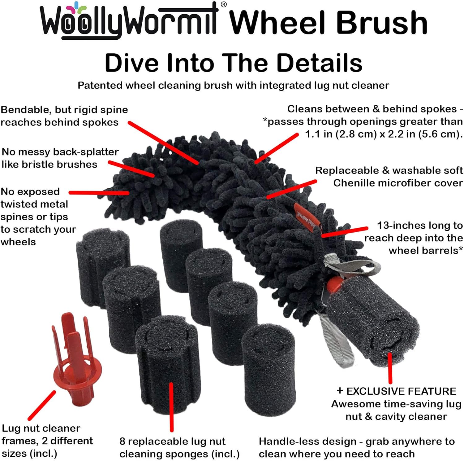 WOOLLYWORMIT Wheel Brush, Handle-Less Auto and Car Detailing Tool with Integrated Lug-Nut Cleaner, Flexible Soft Chenille Microfiber Wheel Cleaner with NO Metal Parts Exposed, NO Rim Scratching: Automotive