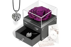 VISIBILIO Preserved Purple Rose in a Box, Rose Necklace for Her, Eternal Flower, Purple Gifts for Women, I Love You Necklace Aromatherapy, Mom Birthday Gifts, Forever Roses Mothers Day, Mothers Day Necklace