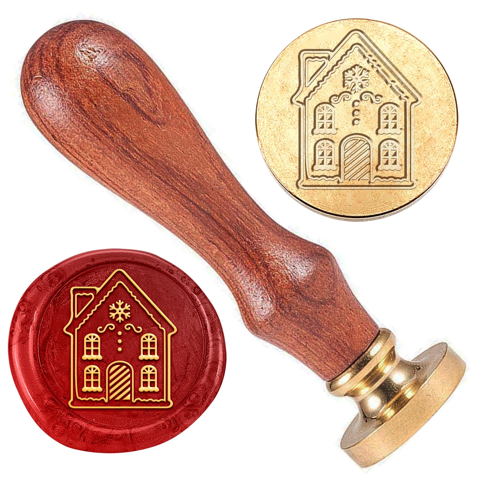 DELORIGIN Christmas Gingerbread House Wax Sealing Stamp,1" Removable Brass Head Stamp with Wooden Handle for Christmas Wedding Invitation Gift Wrapping Envelopes Wine Package