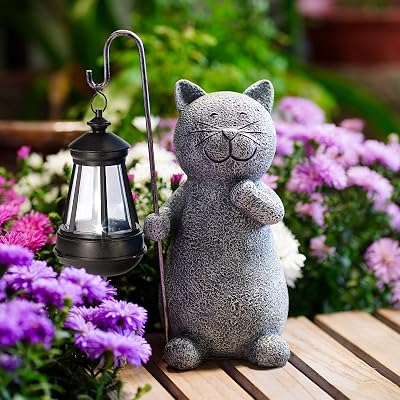 Goodeco Solar Cat Statue Garden Ornament with Lantern 19.5 cm Grey