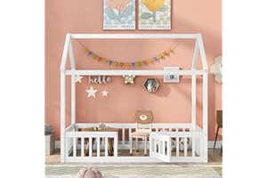 BestLM Twin House Shaped Floor Bed for Kids, Wood Montessori Floor Bed Frame with Roof, Fence Guardrails & Lockable Door, Twin Size Playhouse Bed for Toddler Teens Girls Boys, White Wash