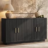 PAPROOS 55" Fluted Buffet Cabinet with Storage, Modern Credenza, Inky Black | Mid-century Modern Sideboard with 4 Doors, Adjustable Shelves, Wood TV Stand Storage Cabinet for Dining Living Room, Entryway