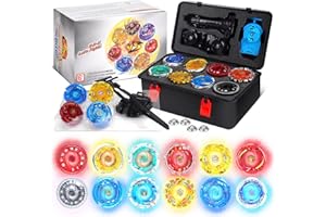 BUPASAK Battle Blade Set with Portable Box, 12 Light Ignite Spinning Tops, 2 Launchers and 1 Girp, for 6+ Years Old Kids Toys