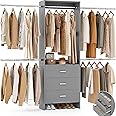 Aheaplus Closet System, Closet Organizer with 3 Wooden Drawers, Closet Organizer System, Walk-in Closet Wardrobe Clothes Rack with 4 Hanging Rods, Garment Rack, -4R, Grey