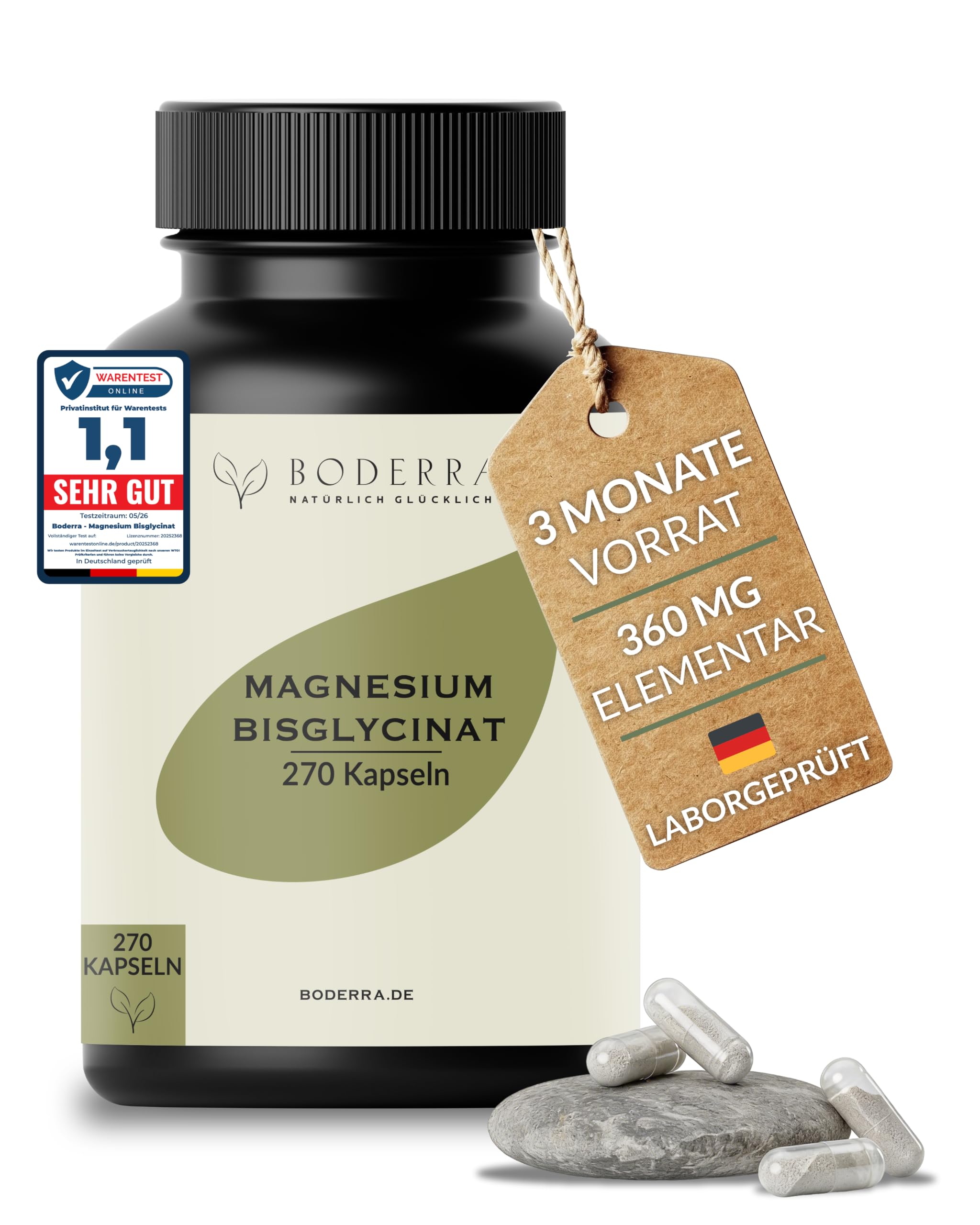 270 Kapseln Magnesium Bisglycinat – Hochdosiert mit 360mg elementarem Magnesium glycinat pro Tagesdosis – 3 Monate Vorrat – Vegan & Laborgeprüft in Deutschland – reines Chelat ohne Zusätze – Boderra