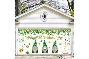 LEHTF St Patricks Day Garage Door Banner Irish Shamrock Clover Green White Gnome Large Car Garage Door Cover Mural 6 X 13 Ft for Religious Holiday Outdoor Indoor Background Sign Decoration (Green)