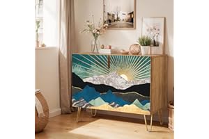 SIGNWIN Sideboard Buffet Cabinet, Kitchen Storage Cabinet with 2 Doors, Gold Marble Sunshine Mountain, Cupboard Console Table for Dining Room - 35" L x 18" W x 29" H