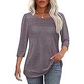 OFEEFAN Womens Tops 3/4 Length Sleeve Blouses Dressy Casual Spring Summer Fall Outfits Pleated Front T Shirts Curved Hem