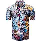 fohemr Mens Black Gold Dress Shirts Luxury Short Sleeve Chain Print Shirt Baroque Casual Button Down Design Buchona Shirts