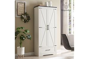 JXQTLINGMU Farmhouse Storage Cabinet with Adjustable Shelves, 72" Tall Pantry Storage Cabinet with Drawer & 2 Barn Doors, Versatile Storage for Kitchen, Dining Room, Bathroom, Utility Room, White